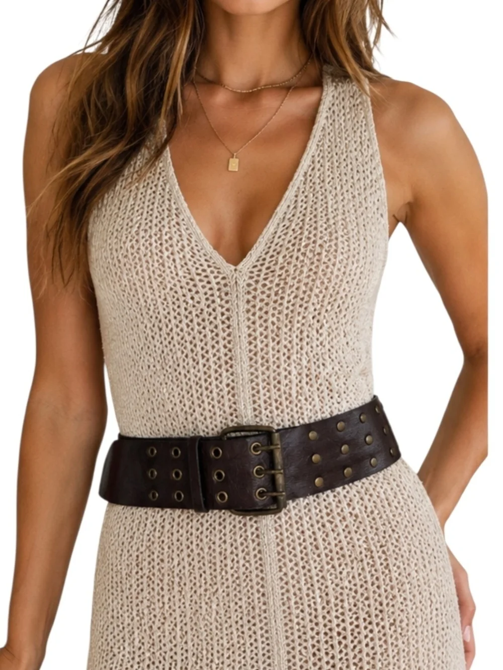 Vintage Wide Brown Leather Grommet Studded Belt Double Prong Waist Belt